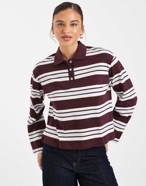 Vero Moda - Rugbyshirt in bordeauxrood met zachtblauwe strepen