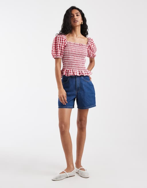 Vero Moda - Rynket croptop med pufærmer og rødt gingham-tern, 3 af 4