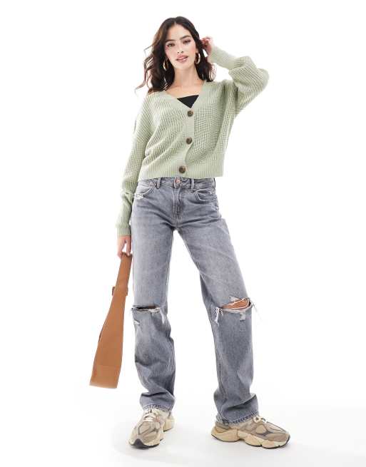 Vero Moda - Salviegrøn cardigan med gennemgående knapper i chunky ribstrik, 3 af 4