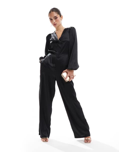 Vero Moda - Satijnen jumpsuit met knoop aan de voorkant in zwart - view 1