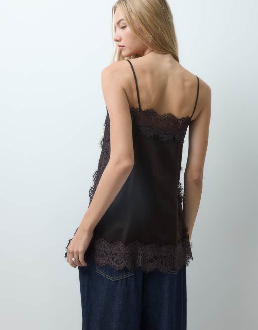 Vero Moda satijnen kanten camitop in chocoladebruin, 3 van 4