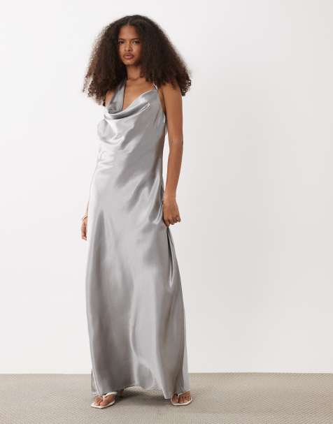 Vero Moda - Satijnen maxi jurk met halternek en lage ronde voorkant in zilver - view 1