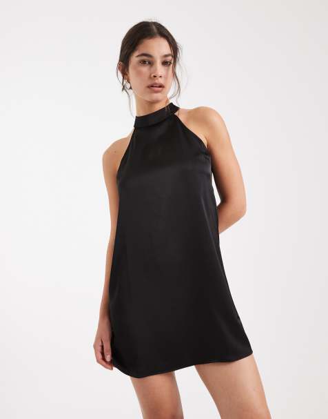 Vero Moda - Satijnen mini jurk met hoge hals en raceruitsnijding in zwart - view 1