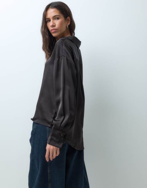 Vero Moda satijnen overhemd met lange mouwen in donkerbruin, 2 van 5