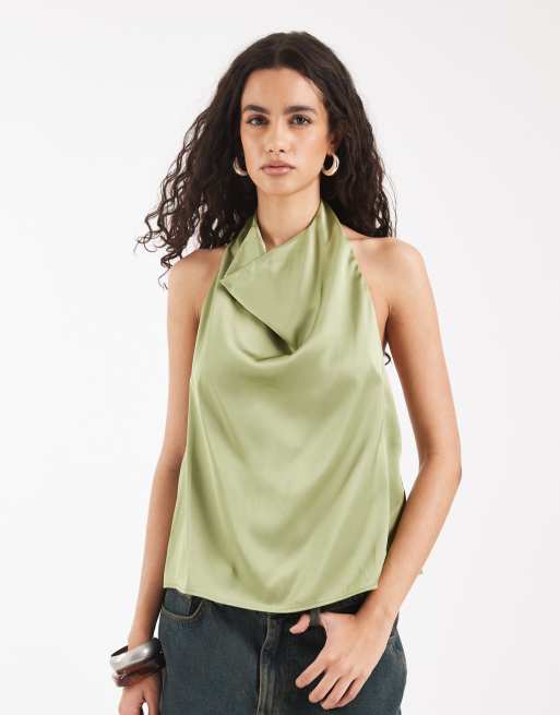 Vero Moda - Satijnen top met halternek in saliegroen, 4 van 4