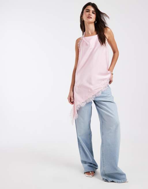 Vero Moda satin asymmetric singlet top with lace detail in light pink, 3 of 4