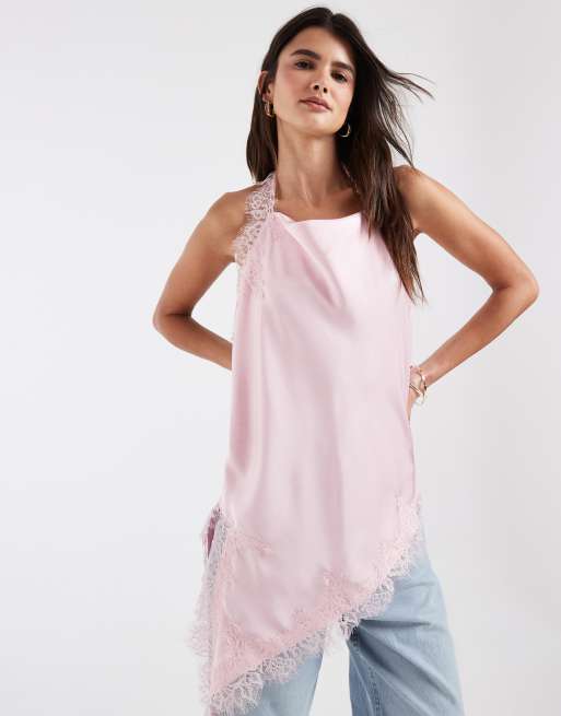 Vero Moda satin asymmetric singlet top with lace detail in light pink, 4 of 4