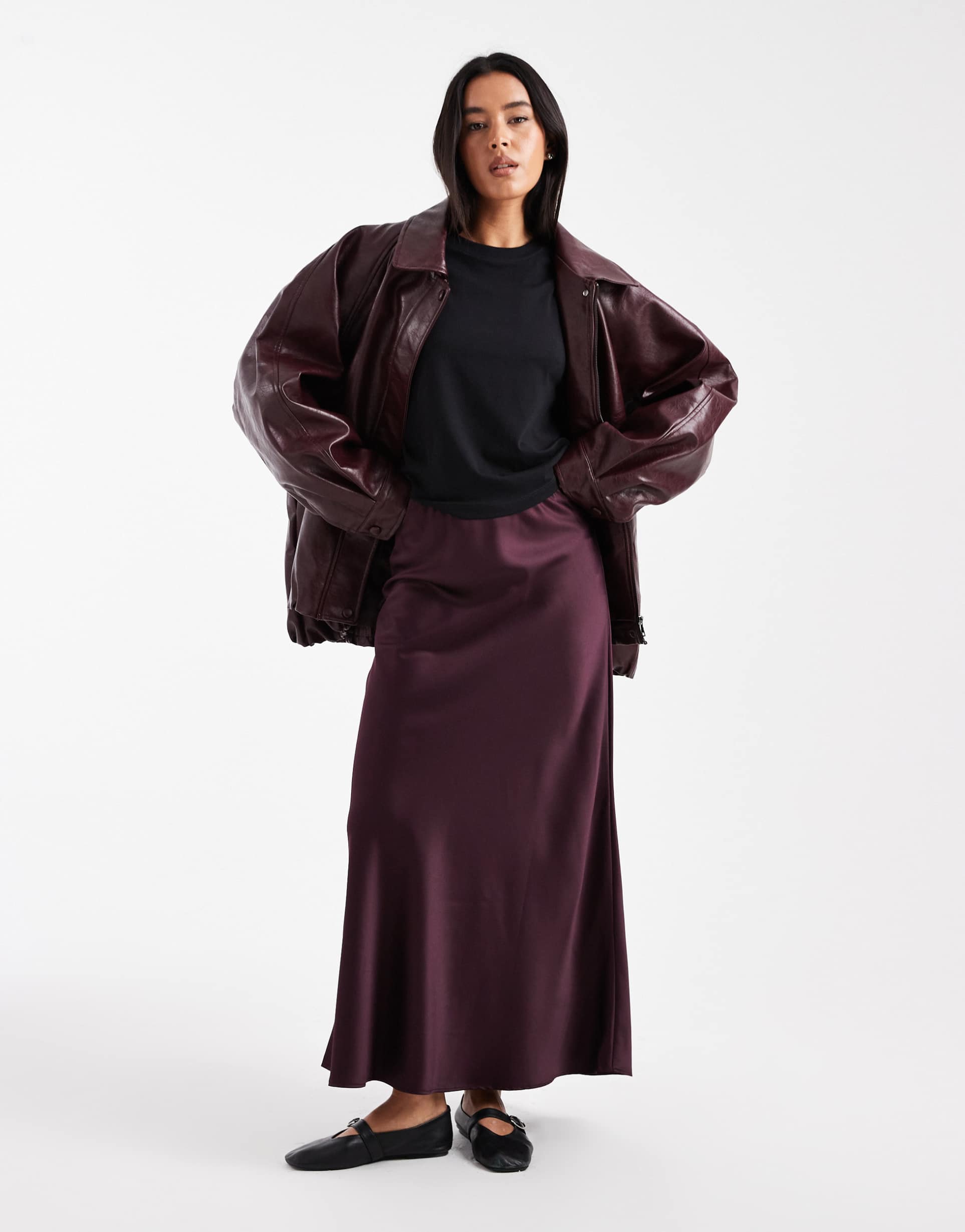vero moda satin bias cut midi skirt in burgundy