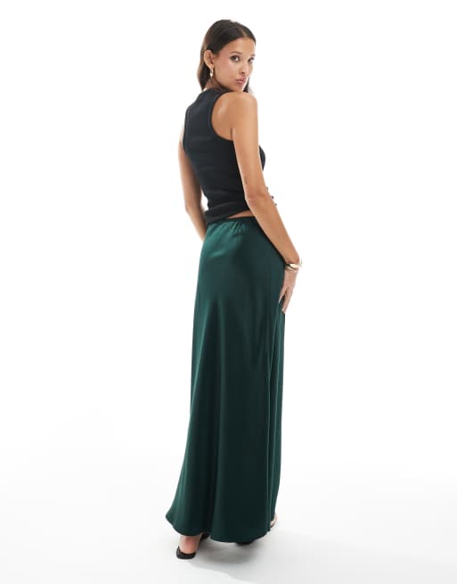 Vero Moda satin bias cut midi skirt in emerald green, 2 of 5