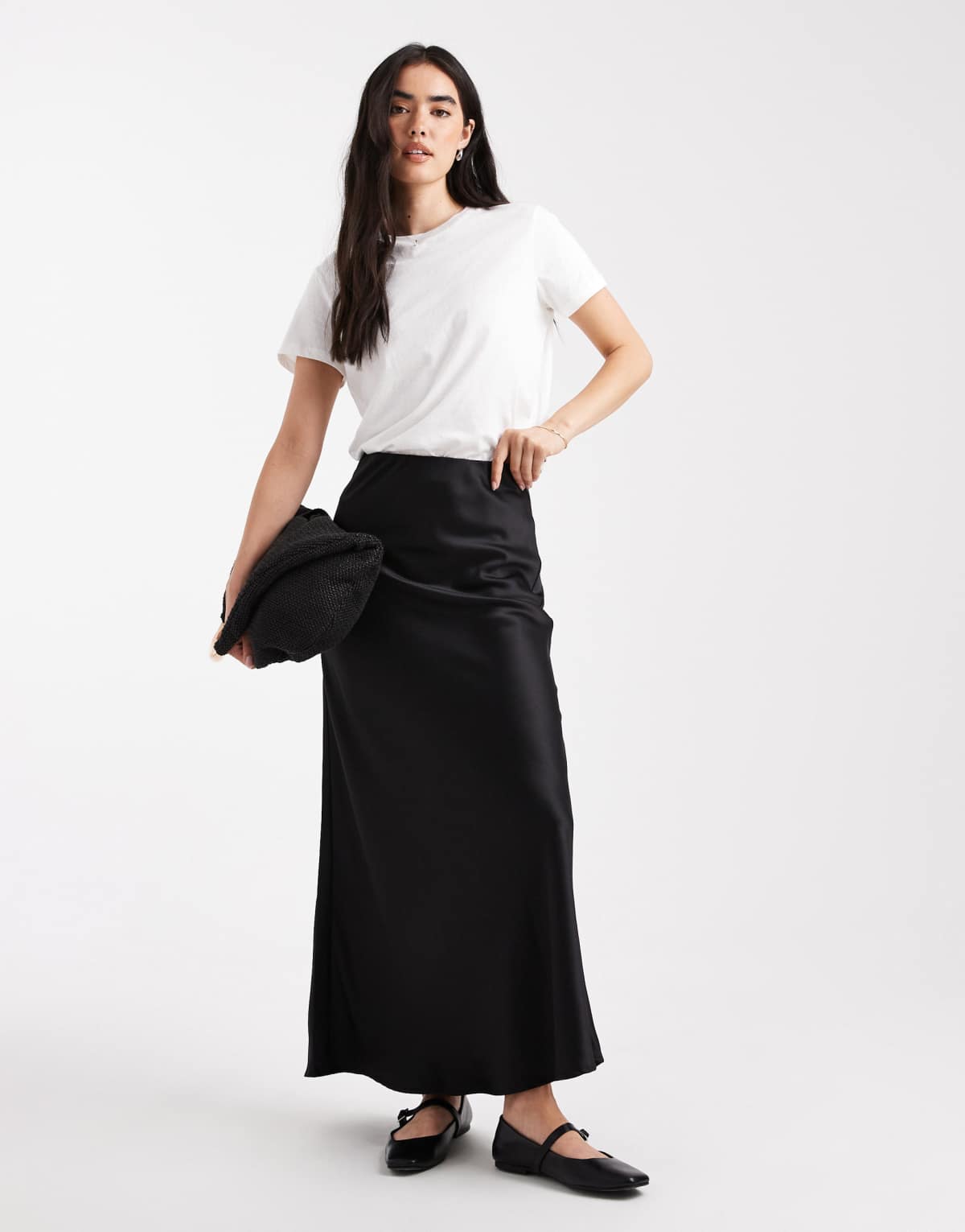 Vero Moda satin bias midi skirt in black