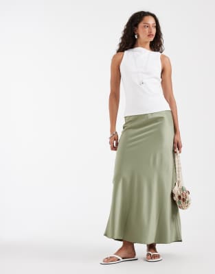 Vero Moda Satin Bias Midi Skirt In Green