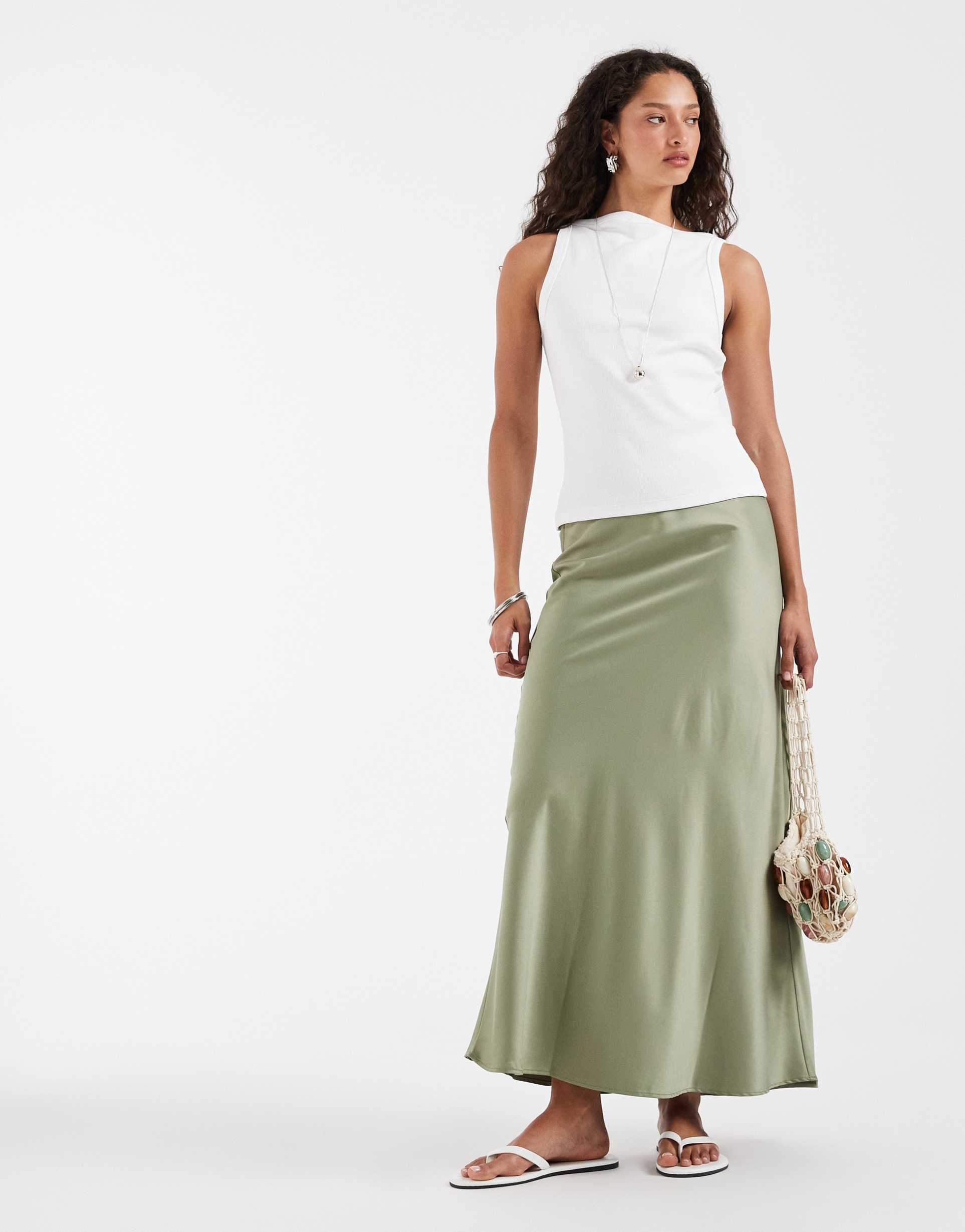 vero moda satin bias midi skirt in oil green