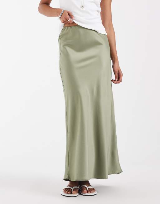 Vero Moda satin bias midi skirt in oil green, 2 of 5