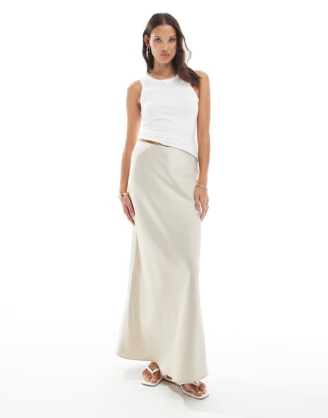 Vero Moda satin bias midi skirt in stone