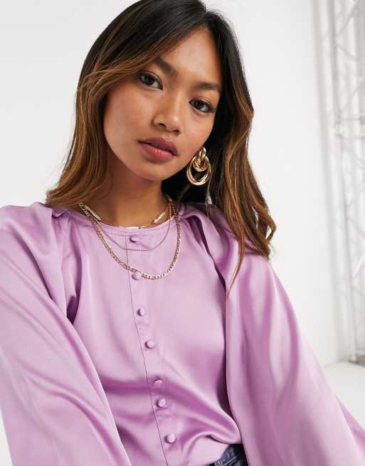 Satin Button Detail Balloon Sleeve Blouse