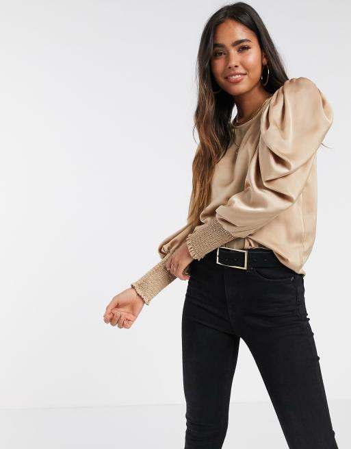 Vero Moda satin blouse with volume sleeve in beige | ASOS