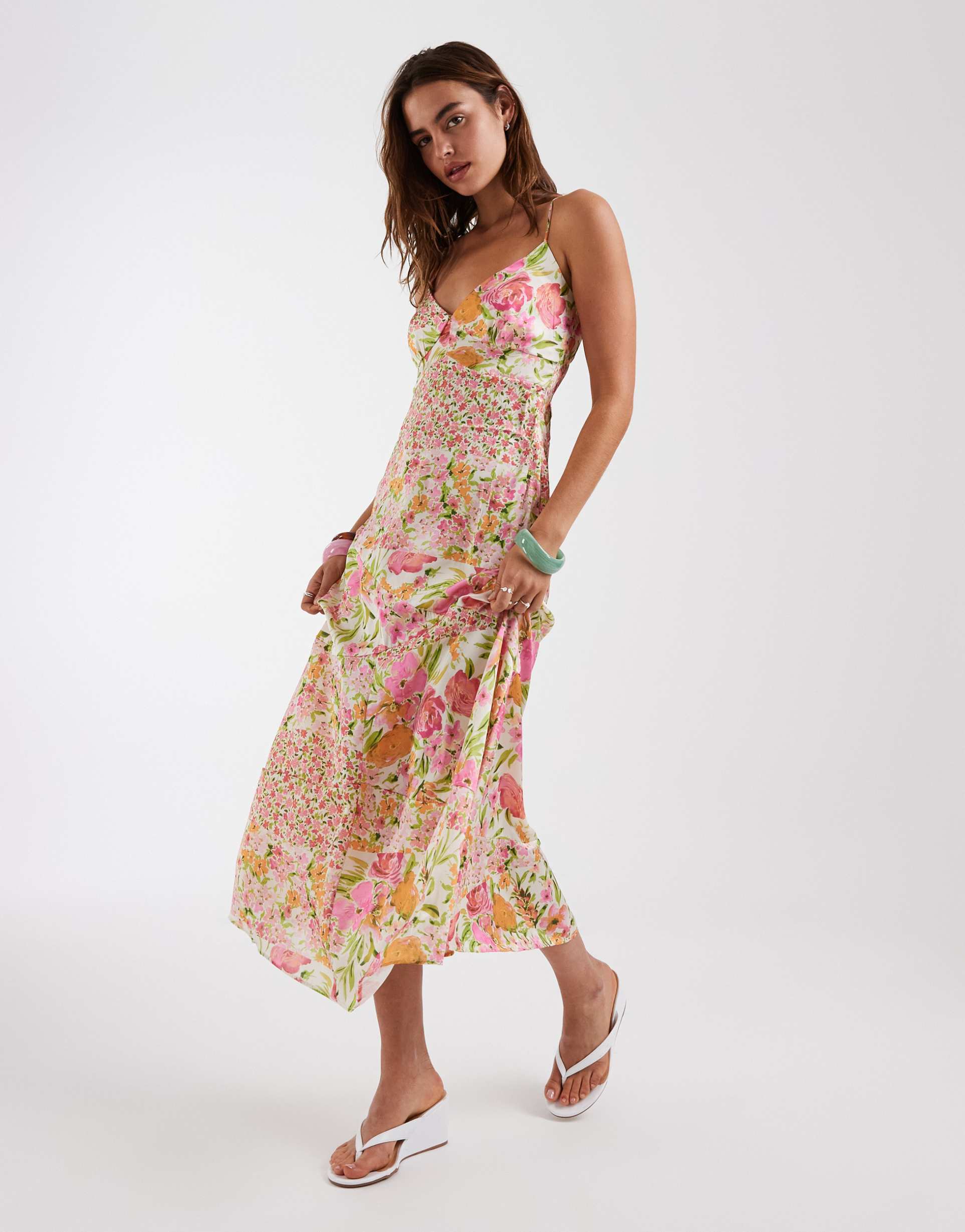 vero moda satin cami maxi dress in floral patchwork print