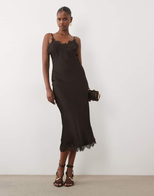 Vero Moda satin cami midi dress with lace trim in chocolate brown