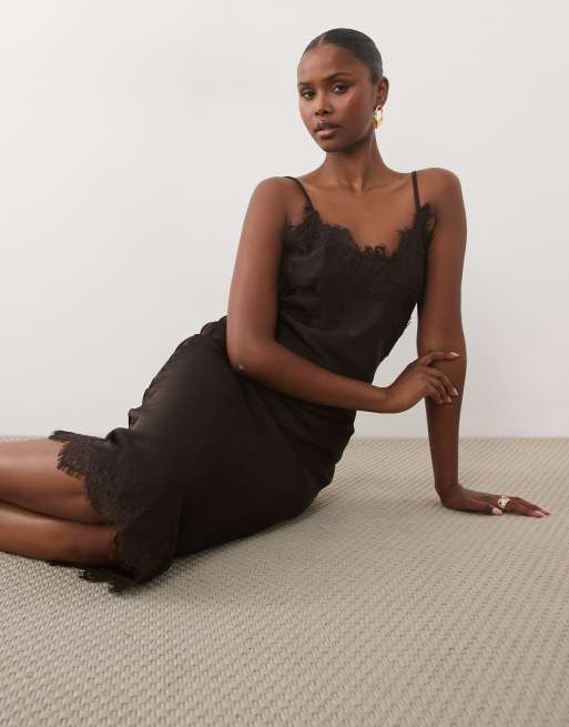 Vero Moda satin cami midi dress with lace trim in chocolate brown, 2 of 4
