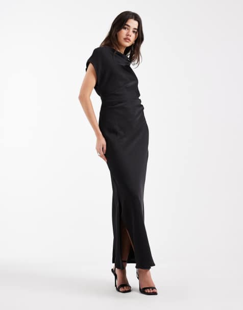 Vero Moda satin drape neck cap sleeve maxi dress in black - view 1