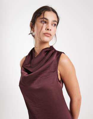Vero Moda Satin Drape Neck Detail Maxi Dress In Brown