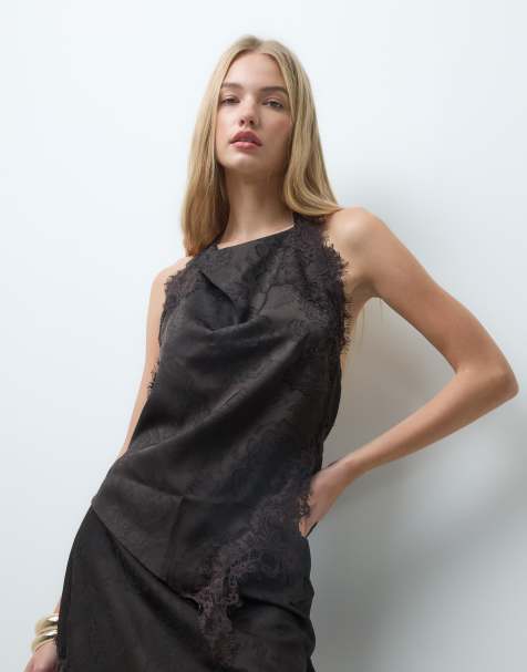 Vero Moda satin halterneck top with lace detail in chocolate brown