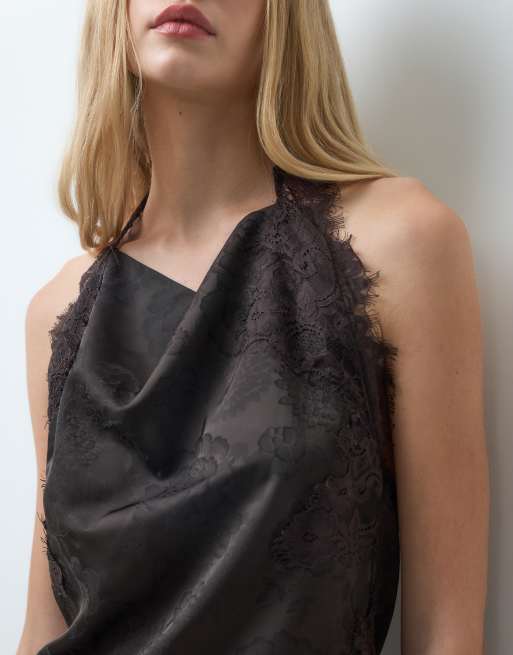Vero Moda satin halterneck top with lace detail in chocolate brown, 2 of 4