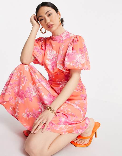 Vero Moda Satin High Neck Midi Dress With Puff Sleeves In Coral Floral Asos 