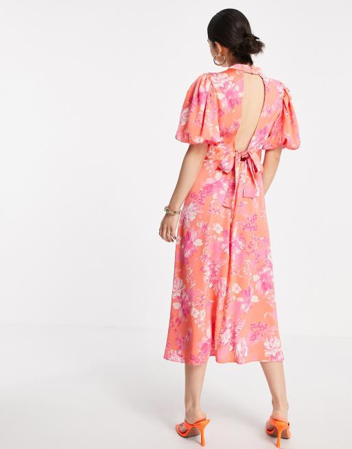 Vero Moda Satin High Neck Midi Dress With Puff Sleeves In Coral Floral Asos