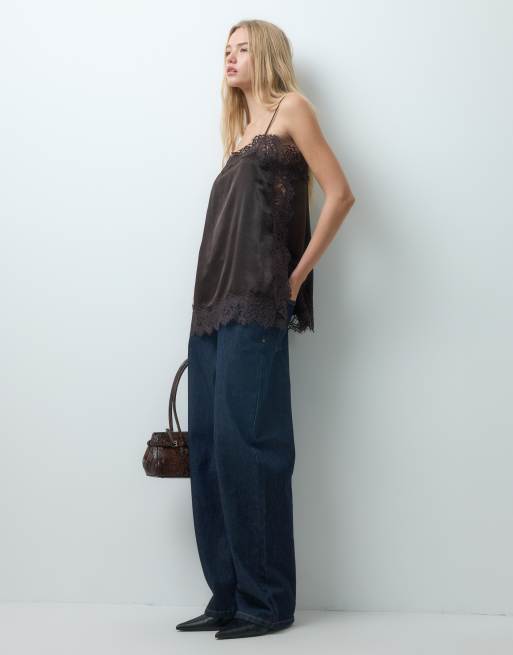 Vero Moda satin lace cami top in chocolate brown, 2 of 4