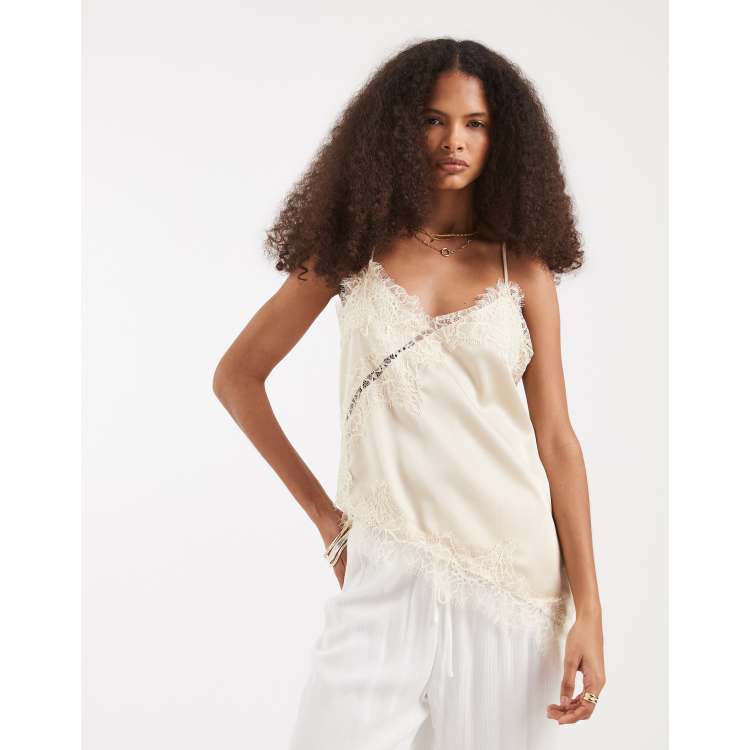 Vero Moda satin lace trim asymmetric cami top in cream | ASOS