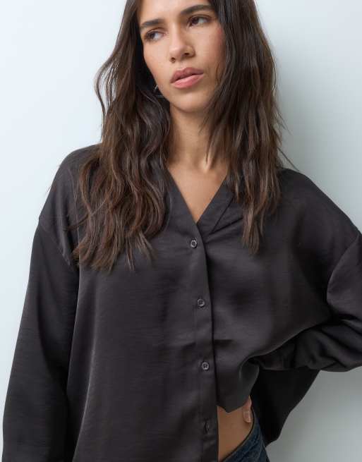 Vero Moda satin long sleeve shirt in chocolate brown, 5 of 5