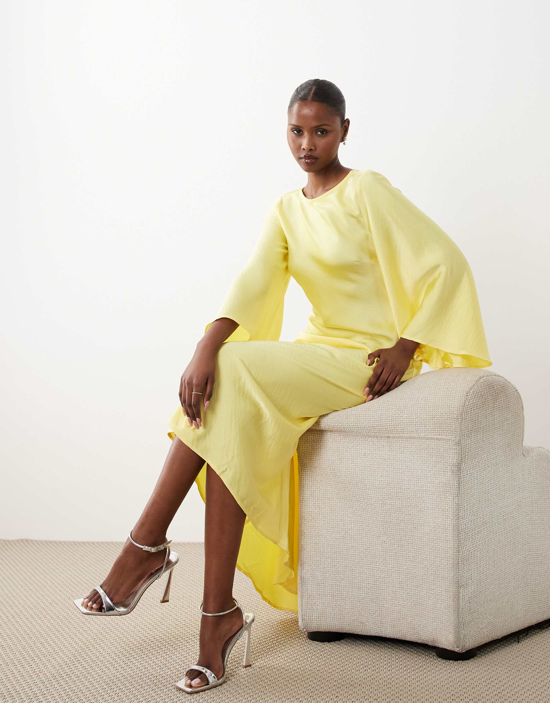 vero moda satin maxi dress with exaggerated angel sleeve in lemon