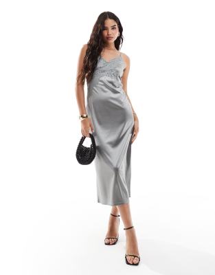 satin maxi dress with lace trim in gray