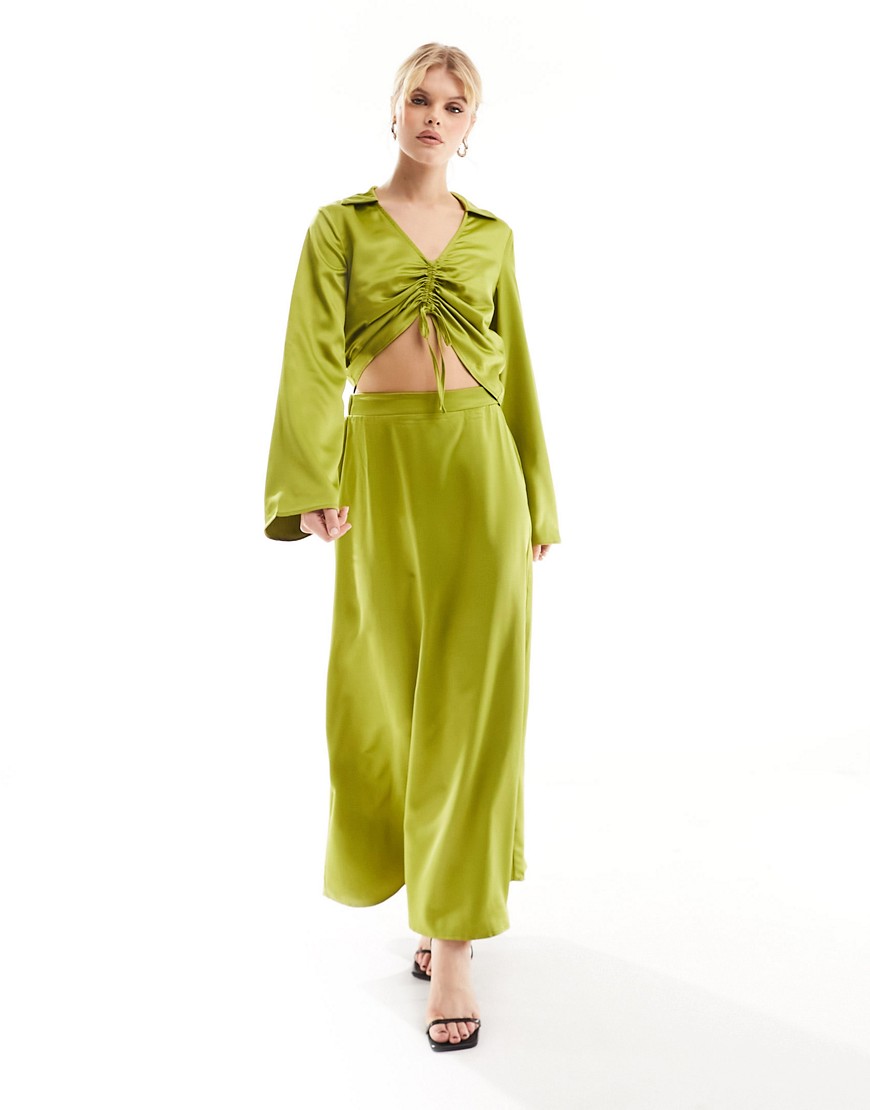 Vero Moda satin maxi skirt co-ord in olive-Green