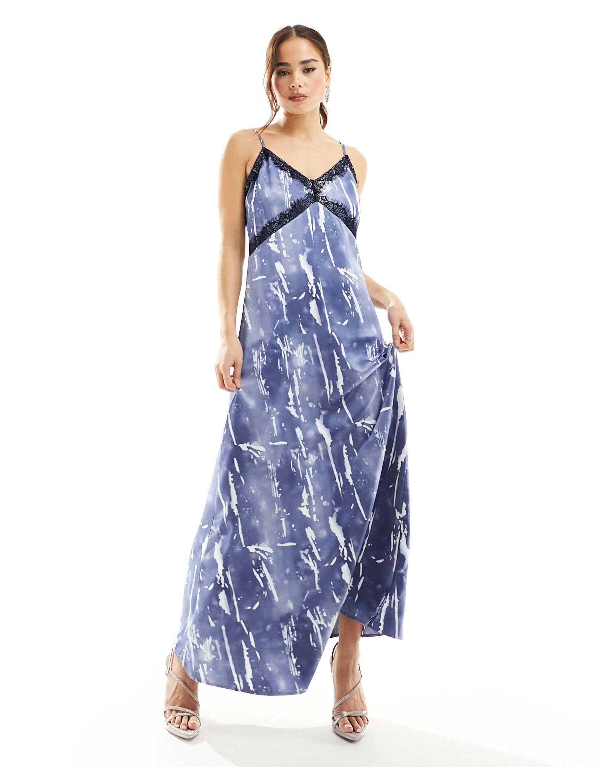 vero moda satin maxi slip dress with lace trim in blue crinkle print