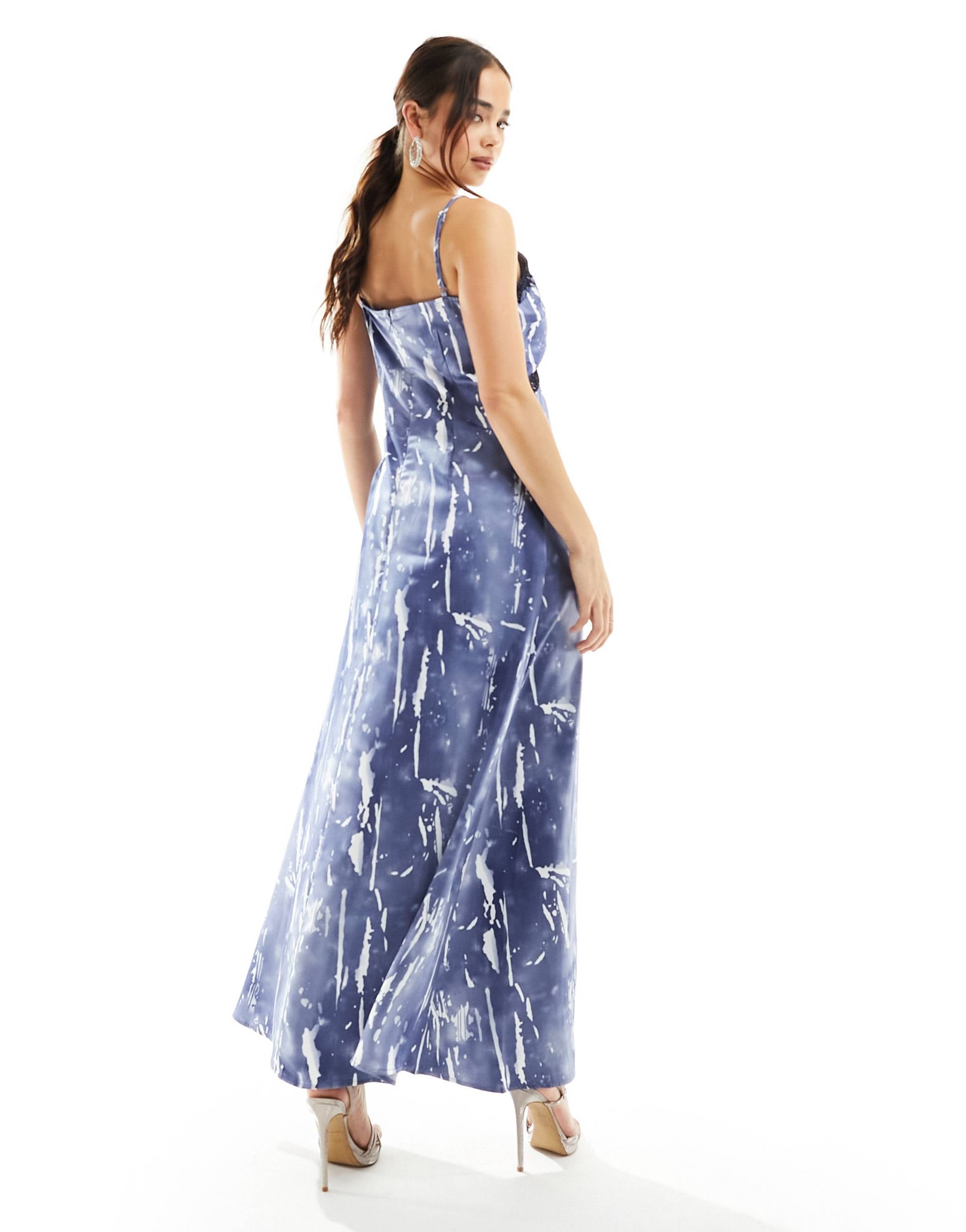 vero moda satin maxi slip dress with lace trim in blue crinkle print