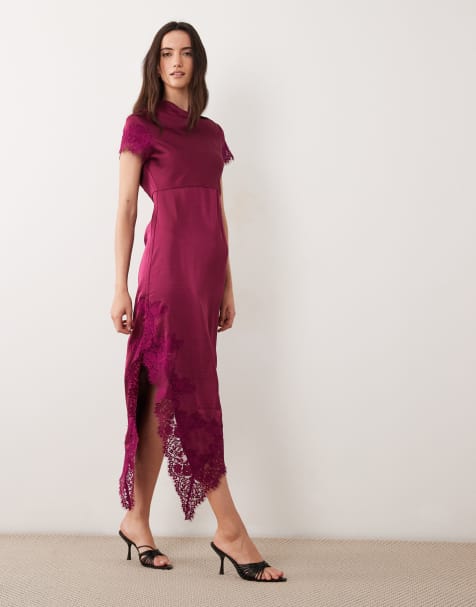 Vero Moda – Satin-Maxikleid in Lila mit Kappärmeln und Spitzenrock - view 1