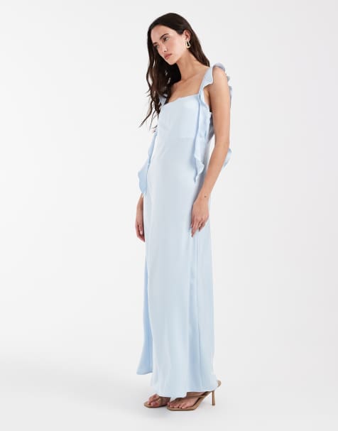 Vero Moda – Satin-Maxikleid in luftigem Blau mit Wasserfallausschnitt und drapiertem Rüschendetail - view 1