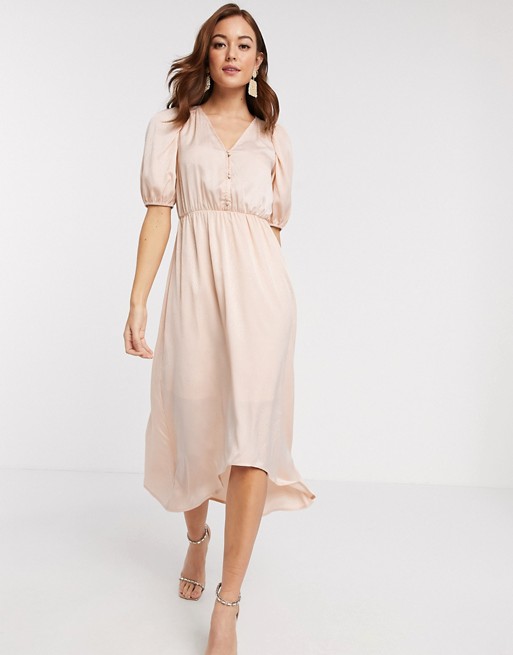 Vero Moda satin midi dress with puff sleeves in pale pink