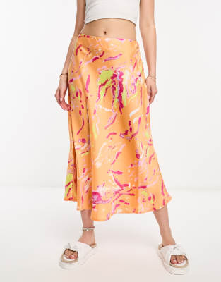 Vero Moda Satin Midi Skirt In Orange Abstract Print