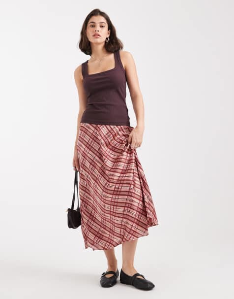 Vero Moda satin midi skirt in pink and burgundy plaid print - view 1