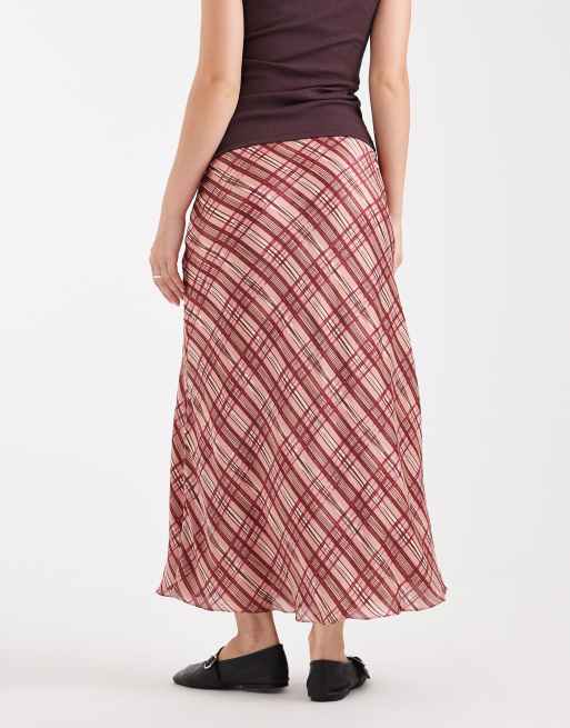 Vero Moda satin midi skirt in pink and burgundy plaid print, 5 of 5