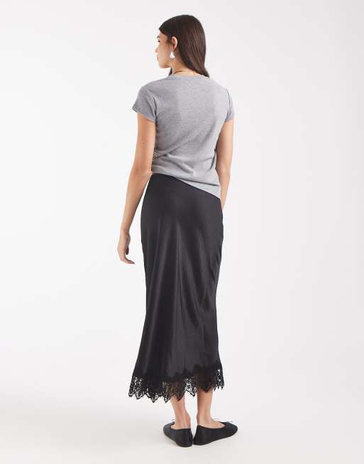Vero Moda satin midi skirt with lace detail hem in black, 2 of 5