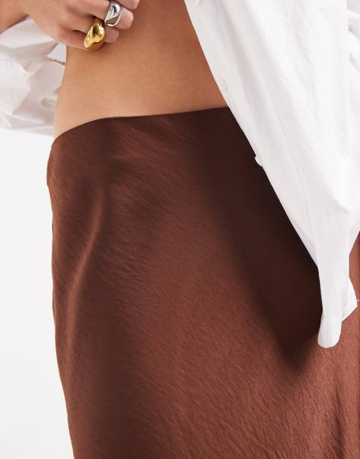 Vero Moda satin midi skirt with lace detail hem in brown, 5 of 5