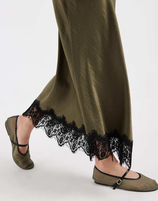 Vero Moda satin midi skirt with lace detail hem in dark green, 3 of 5
