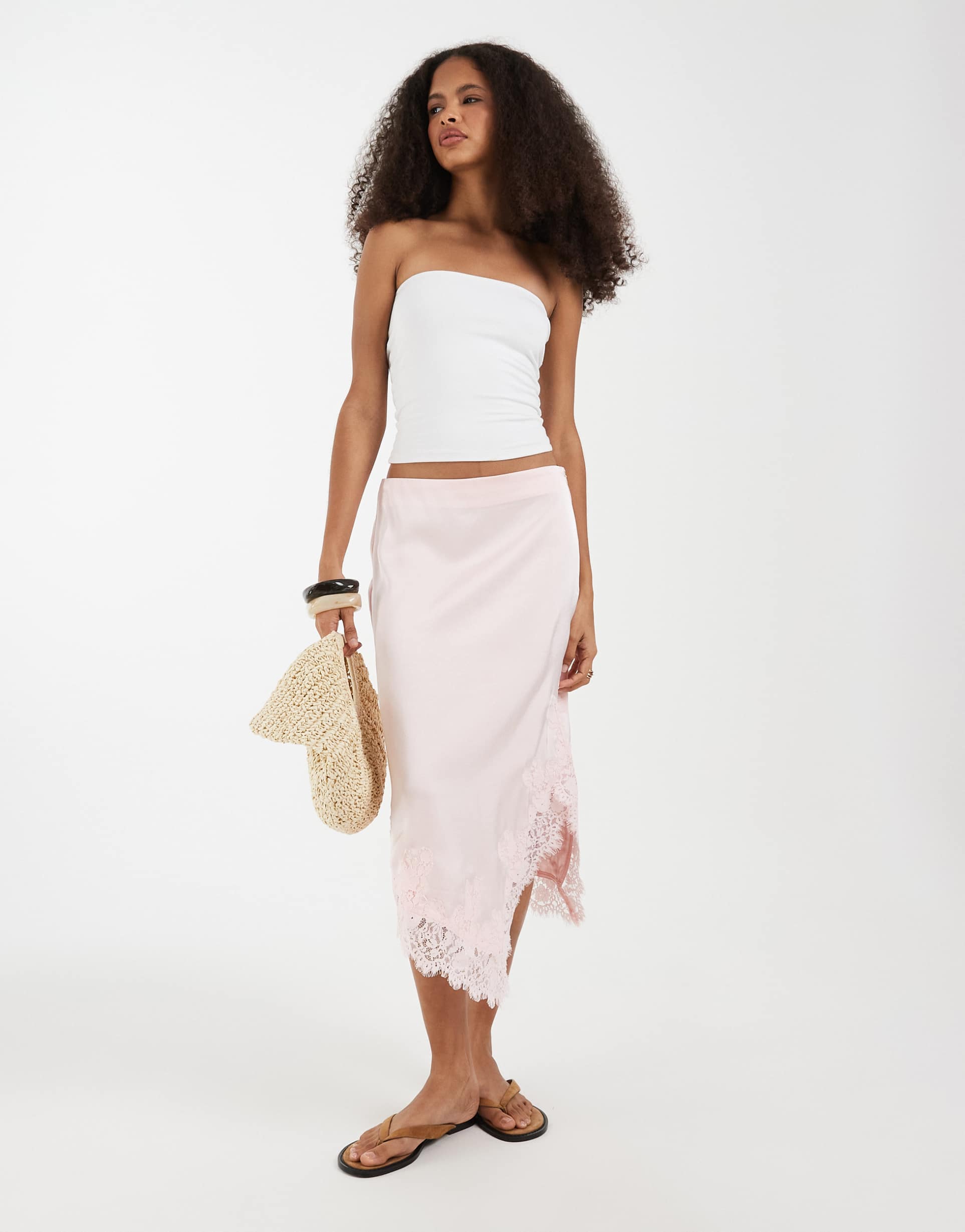 vero moda satin midi skirt with lace detail in light pink