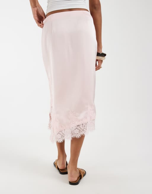 Vero Moda satin midi skirt with lace detail in light pink, 4 of 5