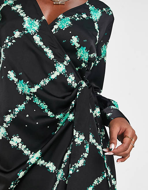 Vero Moda satin mini wrap dress in green print | ASOS