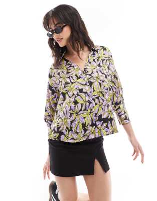 Vero Moda Satin Open Collar Shirt In Purple Print